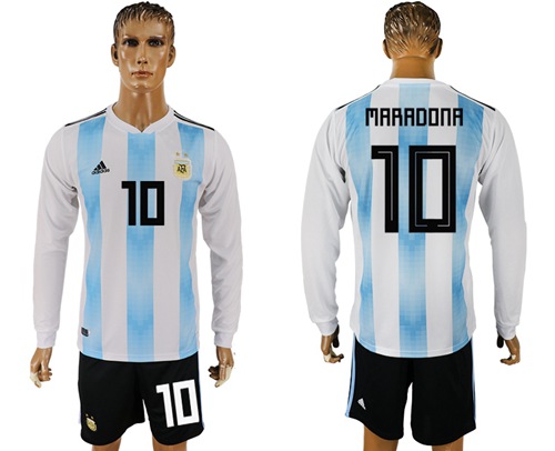 Argentina #10 Maradona Home Long Sleeves Soccer Country Jersey - Click Image to Close